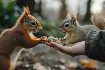 Two squirrels eating from a hand outdoors.