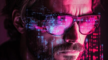 Futuristic portrait with digital overlay effects.