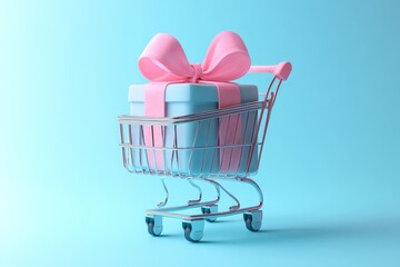 3D render of a gift in a shopping cart on a blue background, minimalistic 50s style, Easter theme, pastel colors, cute and adorable design.