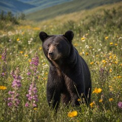 Fototapeta premium A black bear cub playing among vibrant wildflowers in a sunlit meadow, surrounded by butterflies and gentle rolling hills.