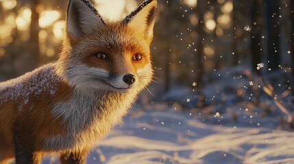 Fototapeta premium Fox in Winter Wonderland with Snow Falling and Forest Background