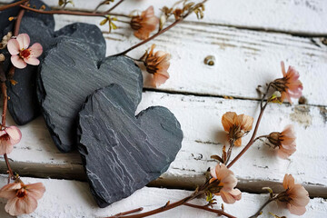 slate hearts on white wooden ground with flowers, space for text, background