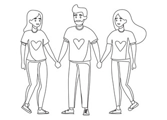 Friendly team of people holding hands demonstrate cohesion and unity, wanting to achieve goals together. Team of young guy and two girls carrying out volunteer or charitable activities 