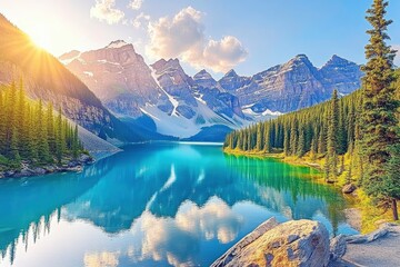 Obraz premium The picturesque lake in the beautiful banff national park, Canada. The turquoise waters of Moraine Lake reflect the surrounding mountains and forests at sunrise. A perfect scene for an adventure trave