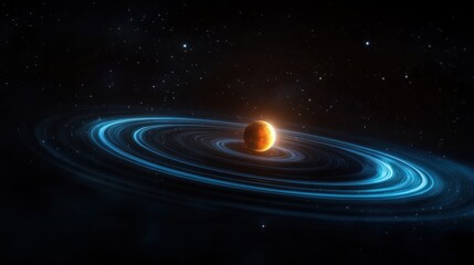 A glowing planet surrounded by luminous rings in space.