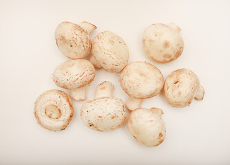 Fresh champignons on a white plate. Mushrooms on a white background.