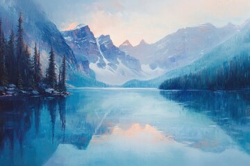 Fototapeta premium The picturesque lake in the beautiful banff national park, Canada. The turquoise waters of Moraine Lake reflect the surrounding mountains and forests at sunrise. A perfect scene for an adventure trave
