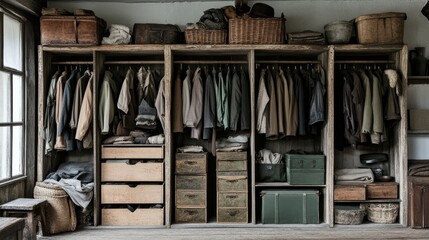 Rustic Wooden Wardrobe Filled With Vintage Clothing and Storage