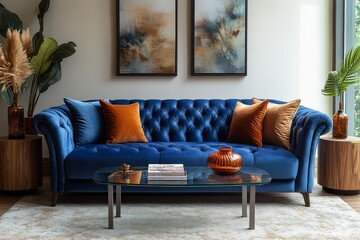 Fototapeta premium Blue velvet sofa and armchair with grey metal legs, glass coffee table, beige carpet, and decorative vases. Soft pillows, framed art, and natural light create a cozy, relaxing living room atmosphere.