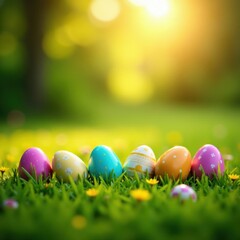 Colorful Easter eggs scattered on green grass of a meadow at sunrise, eggs, flowers