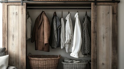 Stylish Wooden Wardrobe with Various Clothing and Storage Baskets