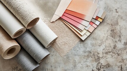 "Wallpaper Rolls and Color Palette Spread Across a Wooden Floor"