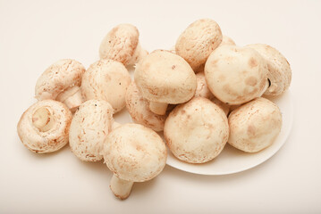 Fresh champignons on a white plate. Mushrooms on a white background.