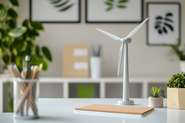 Wind turbine model in a minimalist office