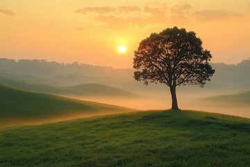 Fototapeta premium Sunrise over misty hills with a solitary tree in the quiet landscape. Generative AI