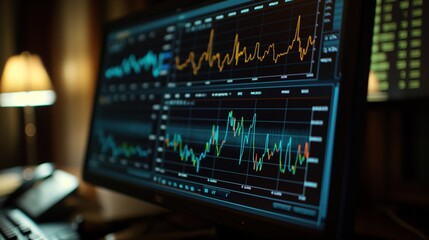 Close-up of a computer screen displaying a stress test graph. Risk management, strategy, monitoring, reporting, banking, finance, technology, market trends, economic research