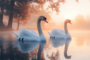 Fototapeta premium Swans glide gracefully on a misty lake at sunrise in autumn. Generative AI