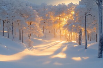Sunlight filters through a snowy forest in winter's golden hour. Generative AI