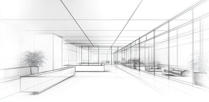 An architectural sketch of a modern office interior shows an open layout with glass walls, minimalist furniture, and large planters, creating a spacious and inviting atmosphere.