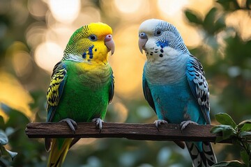 Obraz premium Colorful budgerigars perched on a branch in a serene garden setting. Generative AI