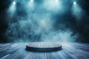 Obraz premium Bright light rays shining down on a blue stage background with sparkling vector illustration