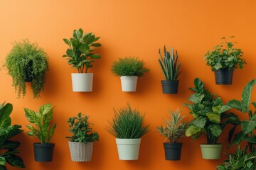 Lush indoor plants arranged on a vibrant orange wall in a modern living space with a touch of greenery