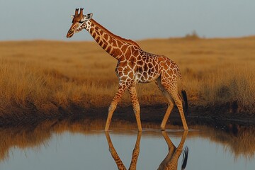 Fototapeta premium Giraffe walking gracefully near water in African savannah during sunset. Generative AI