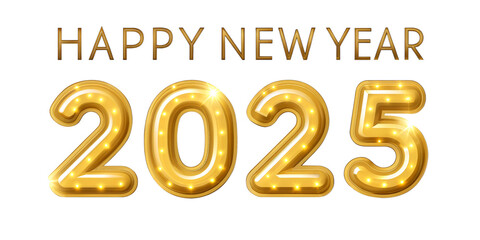 Happy New Year 2025. Golden shining 3D numbers with png Background
