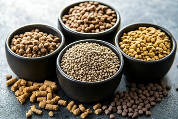 Fototapeta premium Various pet food kibble in bowls.