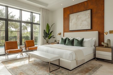 Modern bedroom with oversized headboard, large art piece, sleek furniture, and brown accent wall. White walls, green pillows, and stylish decor for contemporary living.