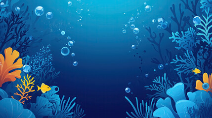 Blue underwater background with coral and bubbles