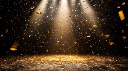 golden confetti rain on festive stage with light beam in the middle, empty room at night mockup with copy space for award ceremony, jubilee, New Year's party or product presentations