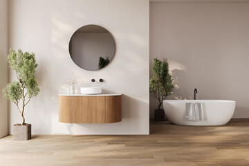 Modern bathroom interior with dark brown parquet floor, two sinks, double mirrors, white bathtub, interior plants,