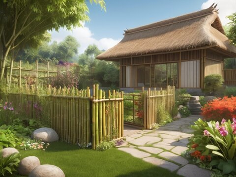 A countryside home with a bomboo fence, a garden filled with vegetables and flowers