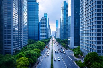 Fototapeta premium Bustling Financial District with Towering Skyscrapers Dynamic City Landscape for Commercial Use