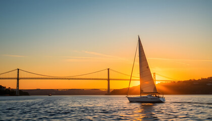 Sailboat Sailing On The Tajo River In Lisbon And Sunset. isolated with white highlights
