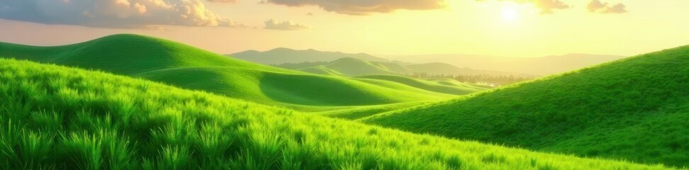 Obraz premium Rolling hills of emerald grass, soft sunlight filtering through , nature background, green, scenic