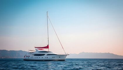 Fototapeta premium White yacht with red sails in the sea against a background of blue sky and mountains, Side lit. isolated with white highlights