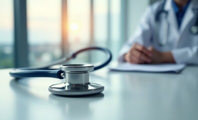 medical office, doctor's desk, stethoscope in focus, blurred background, sunlight through window, professional setting, healthcare, medical consultation, writing notes, clean environment, teal tones, 