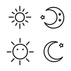 Minimalist Sun and Moon Icon Set for Design Projects,Black and White Solar and Lunar Vector Graphics