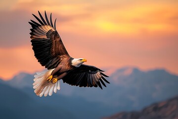 Obraz premium Majestic Eagle Soaring Above Rugged Mountain Landscape at Vibrant Sunset