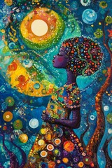 Fototapeta premium Vibrant colorful painting, woman, cosmic background.