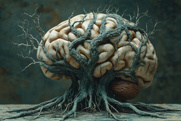 Brain sculpture intertwined with tree roots in an artistic display. Generative AI