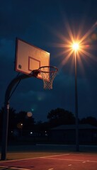 Bright spotlight illuminating basketball hoop at night, intense, energy, gym