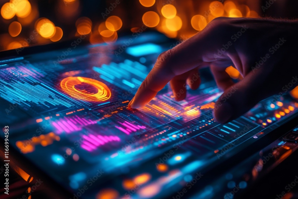 Fototapete close up of hand on laptop touchpad with neon data visualizations and warm bokeh background