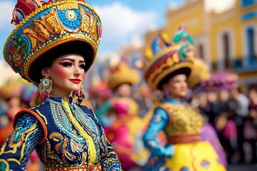 Fototapeta premium Vibrant Cultural Festival with Colorful Parade Floats Performers in Traditional Costumes and Joyful Crowds in a Bustling City Street