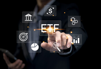 ETF Investment Concept. Exchange Traded Fund, Businessman with ETF icons, representing financial and investment concepts like exchange-traded funds, money, and interest rates. Stock market index fund