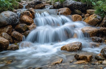 waterfalls and rocks in the background. The scene is set against mountains on the Isle of Skye in Scotland. The long exposure shot creates a softness to the flowing river and a misty atmosphere. --ar 