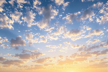 Obraz premium Sky with scattered fluffy clouds in soft golden sunlight, backdrop of warm hues blending with blue. Concept of tranquility and nature. Ai generative
