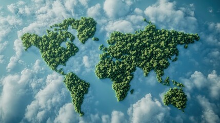 World map made of green forest, top view. Aerial shot with clouds and blue sky in the background. High-resolution photography, detailed image, natural lighting. Textured brush-like strokes